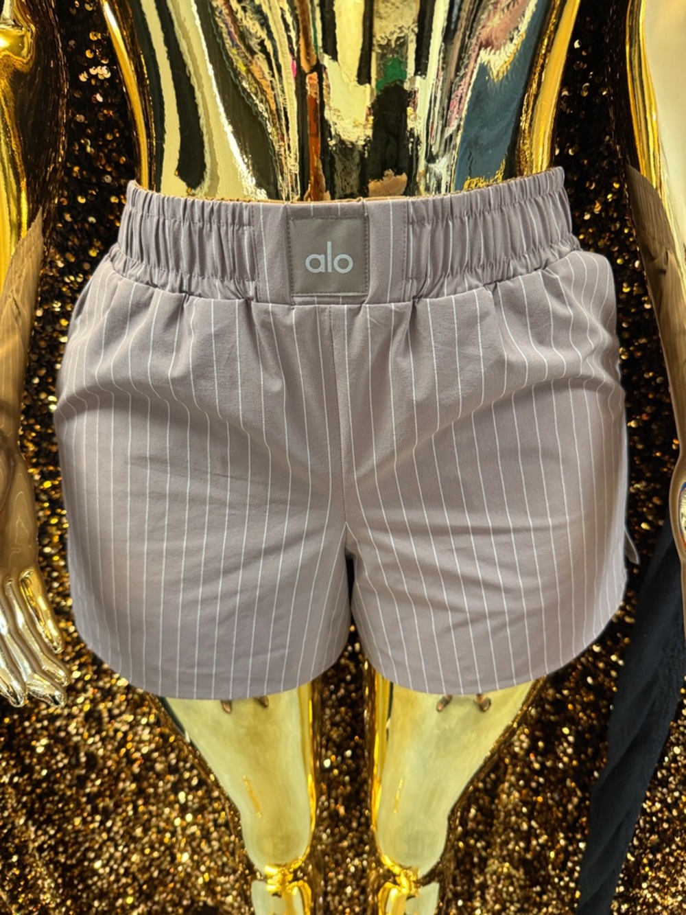 ALO Yoga Women's Pinstripe Elastic Waist Shorts in Taupe